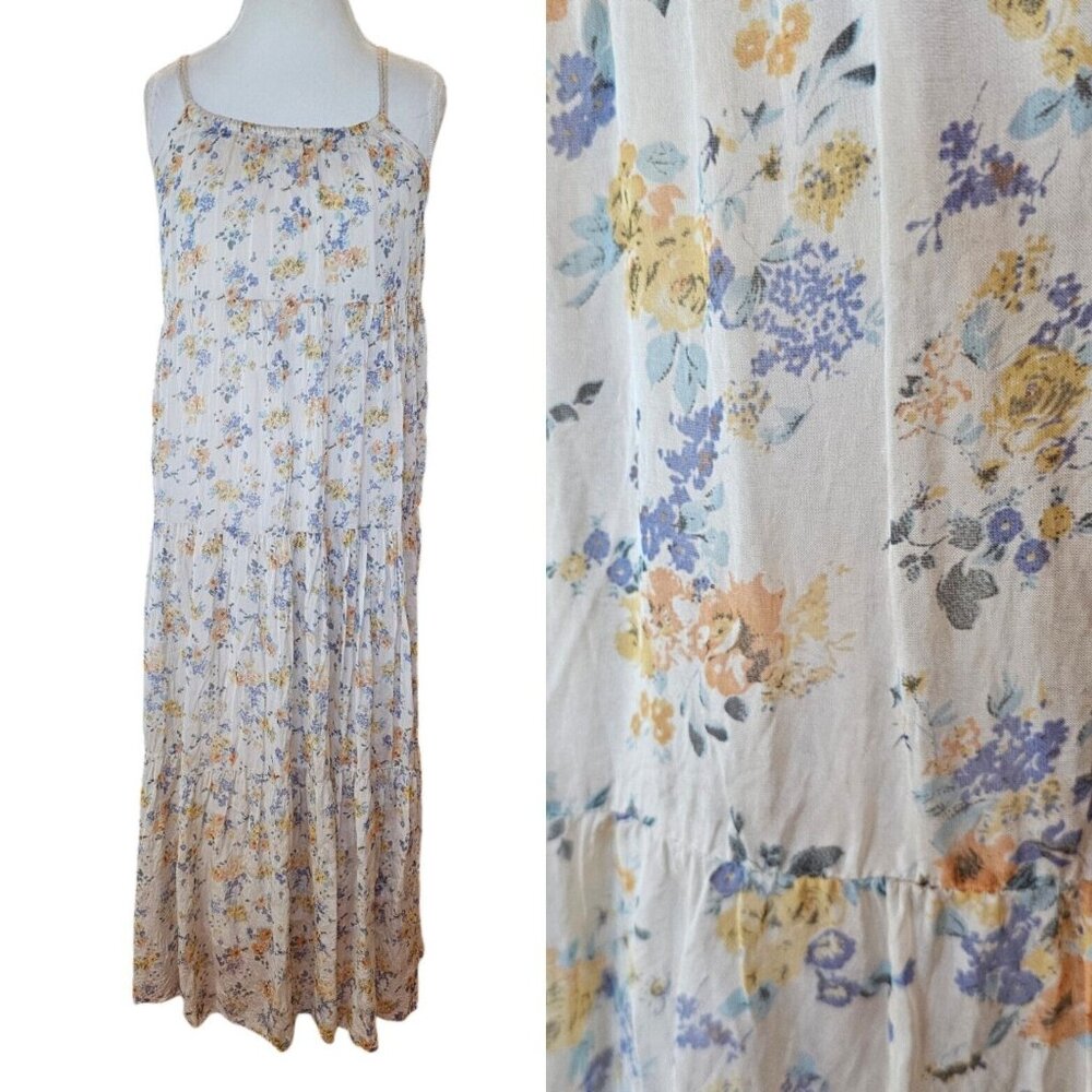 Elena Baldi Silk Blend Tiered Floral Print Maxi Dress Generous Size Medium Cream